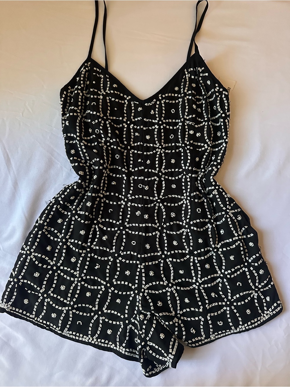 NBD Black & White Beaded Spaghetti-Strap Romper